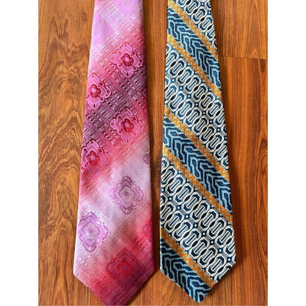 2 vintage 1970's ties wide printed pink green